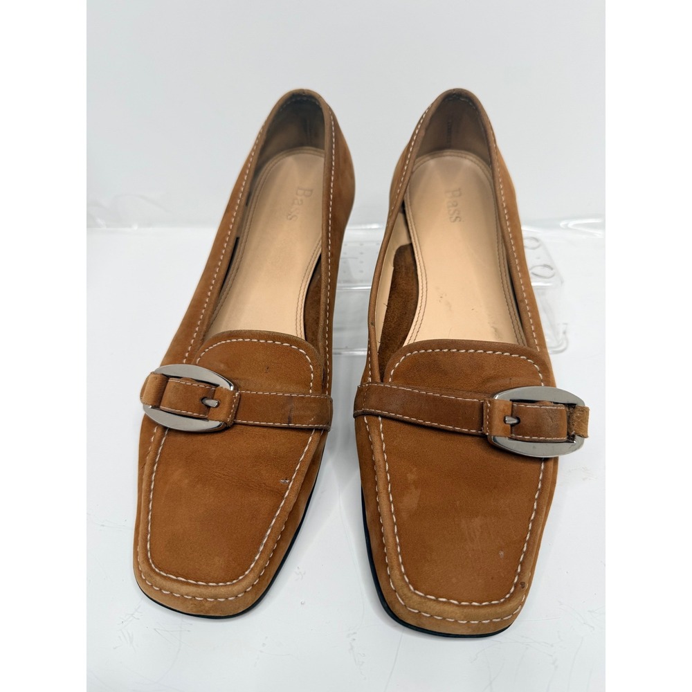 Bass Anita Women's Size 8M Tan Suede Leather Buckle Loafers Square Toe Flats